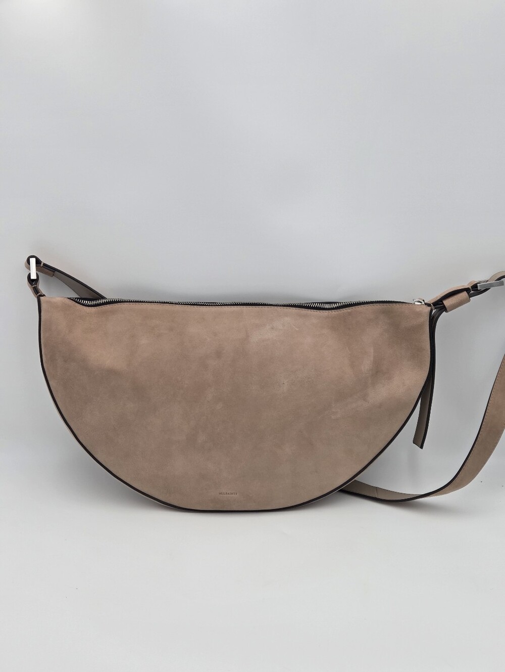 All Saints Half-Moon Suede Shoulder Bag in Taupe